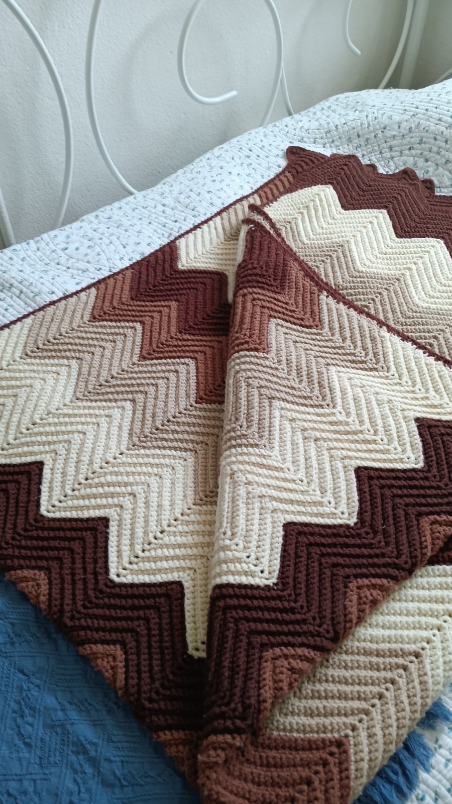 Vintage Handmade Crocheted Afghan Brown Cream Tan MCM Retro Ripple Chevron gallery
