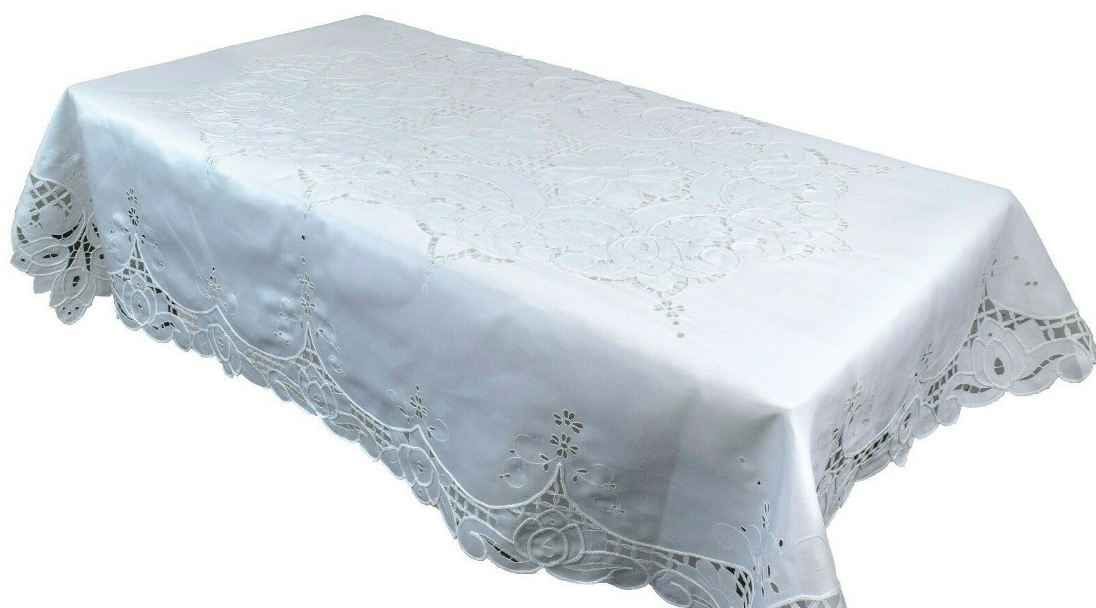 54x72" Rectangular Embroidered Polyester Tablecloth 6 Napkins White Wedding gallery