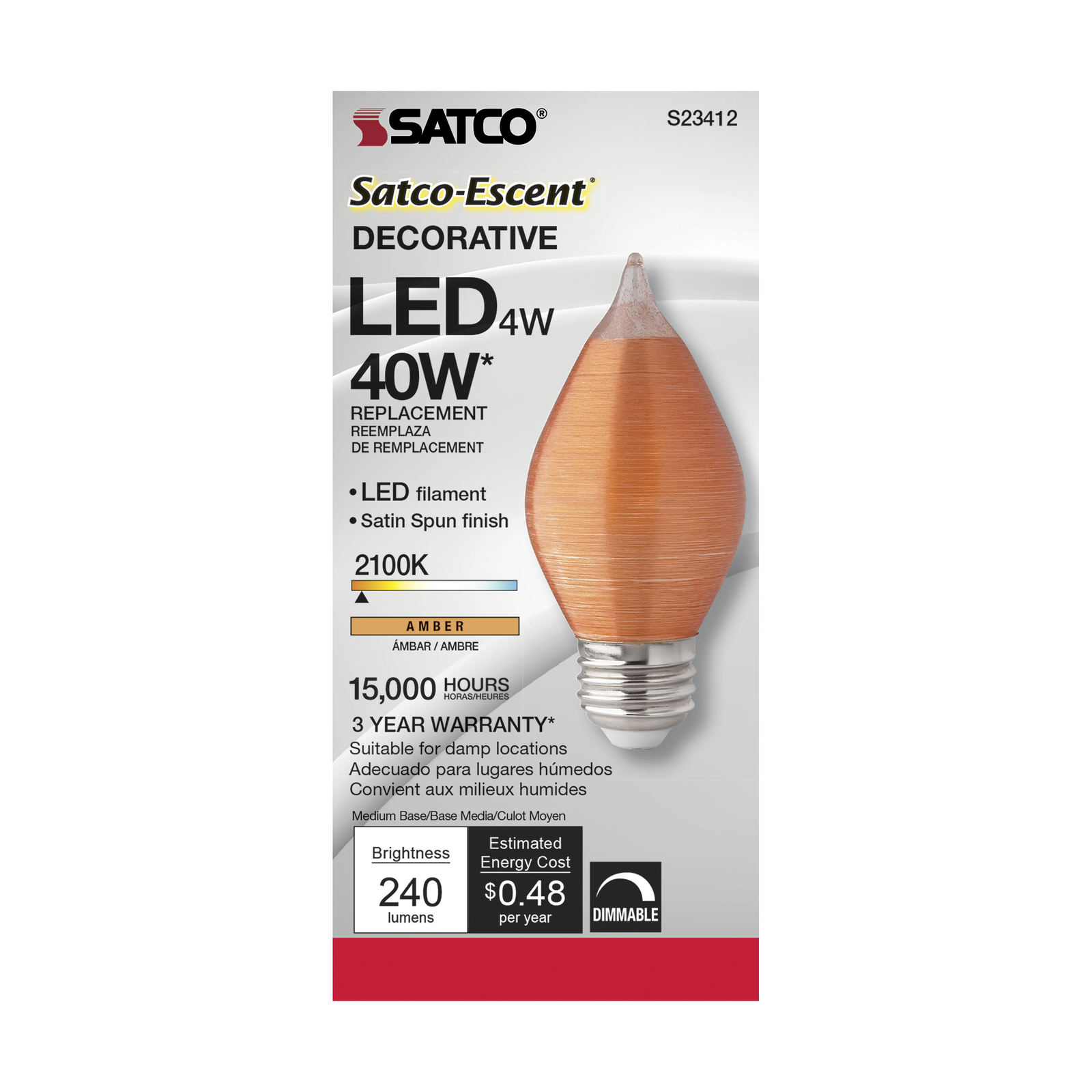 Satco S23412 4W LED Candle Light Thread Amber Satin Spun Chandelier C15 E26 Base gallery