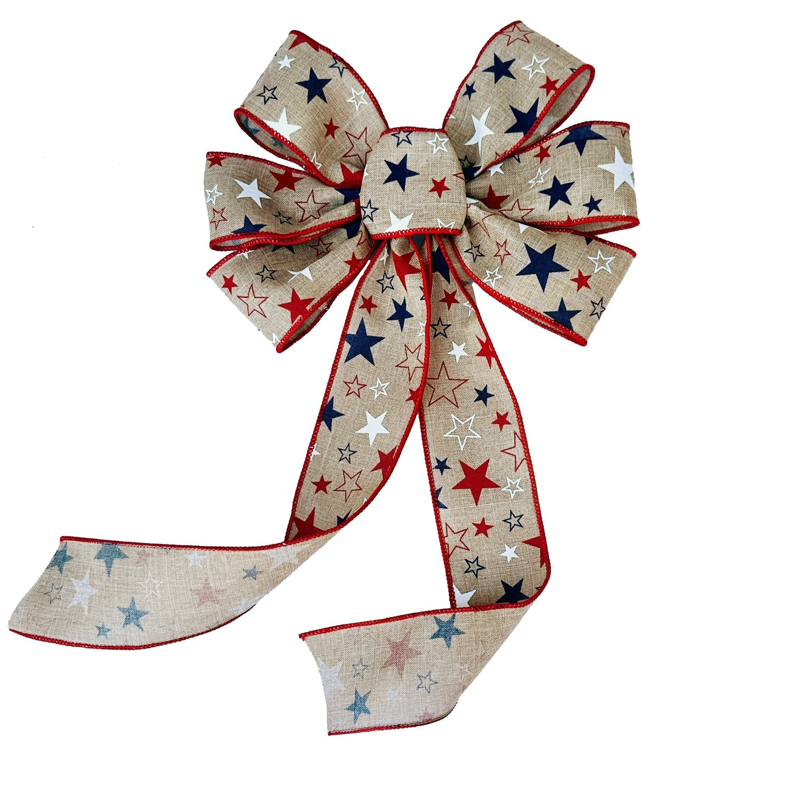 Rustic Linen Patriotic Wreath Bow - 10"Wx18"L, Red White Blue Stars, Made in USA gallery
