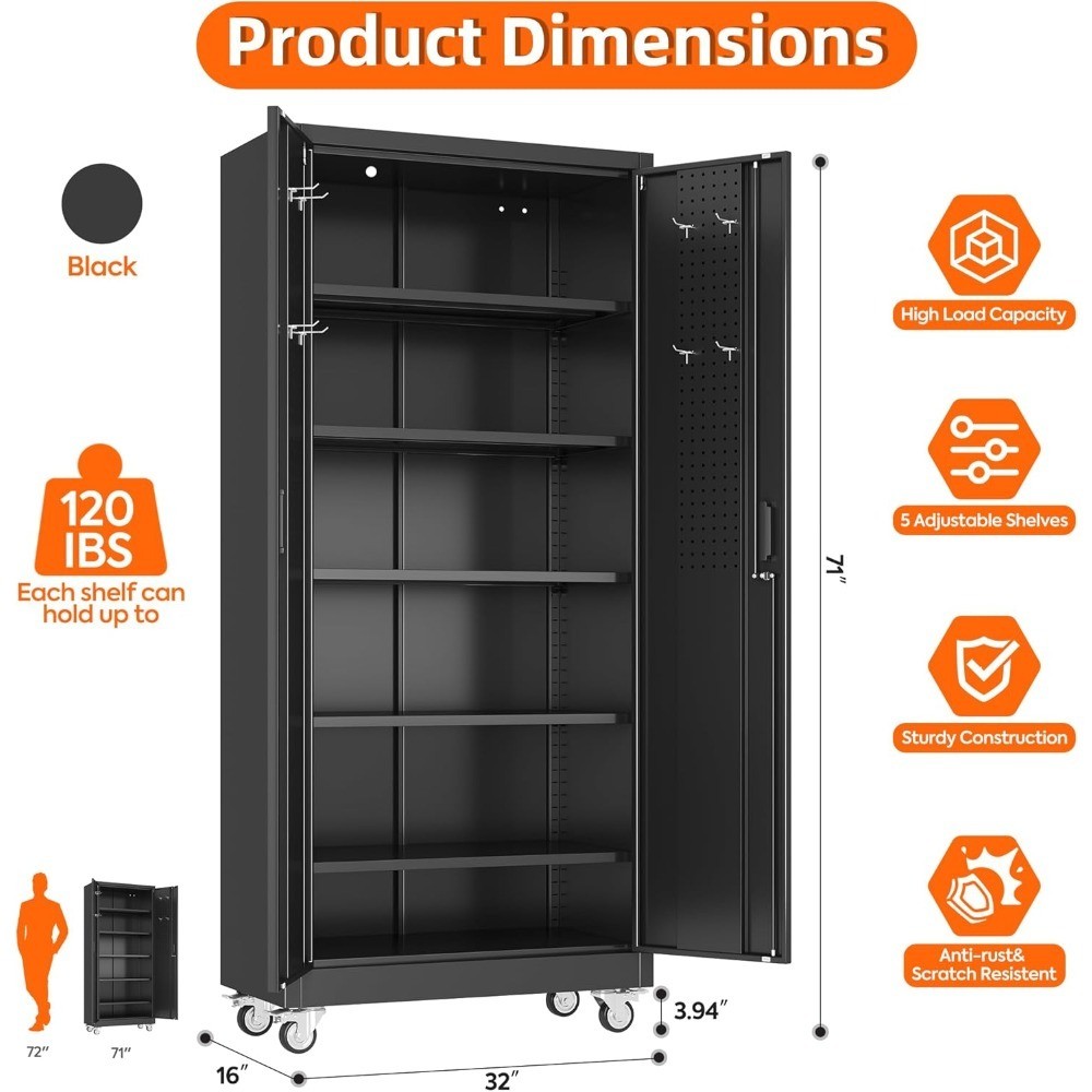 Industrial Metal Storage Cabinet with Wheels and Pegboard Heavy Duty Steel 5 gallery
