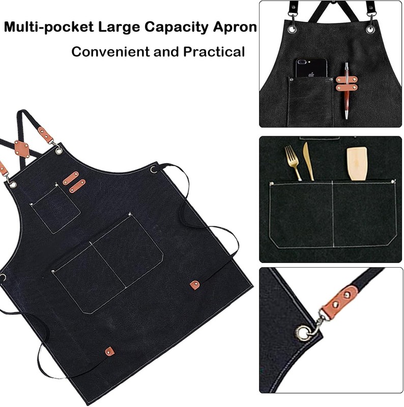 1 pc Thick Waterproof Canvas Apron with Pockets Adjustable Crossback Design gallery