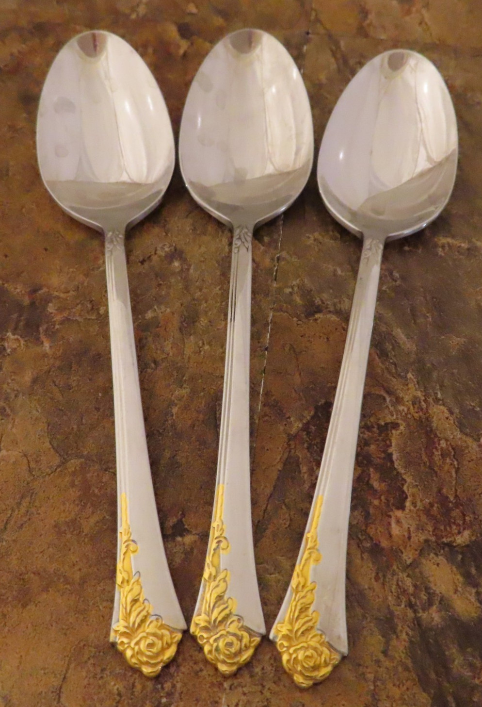 Oneida Golden Damask Rose Cube Set 3 Oval Soup Spoons Stainless Flatware Lot Q gallery