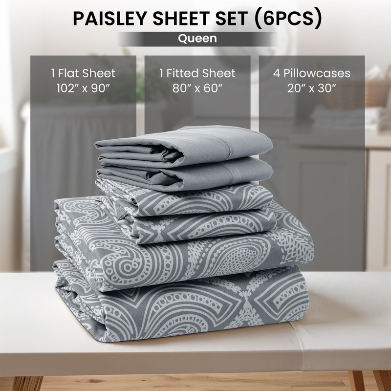 LUX Décor Paisley Queen Sheet Set – 6 Piece Ultra-Soft Microfiber Bed Sheets ... gallery
