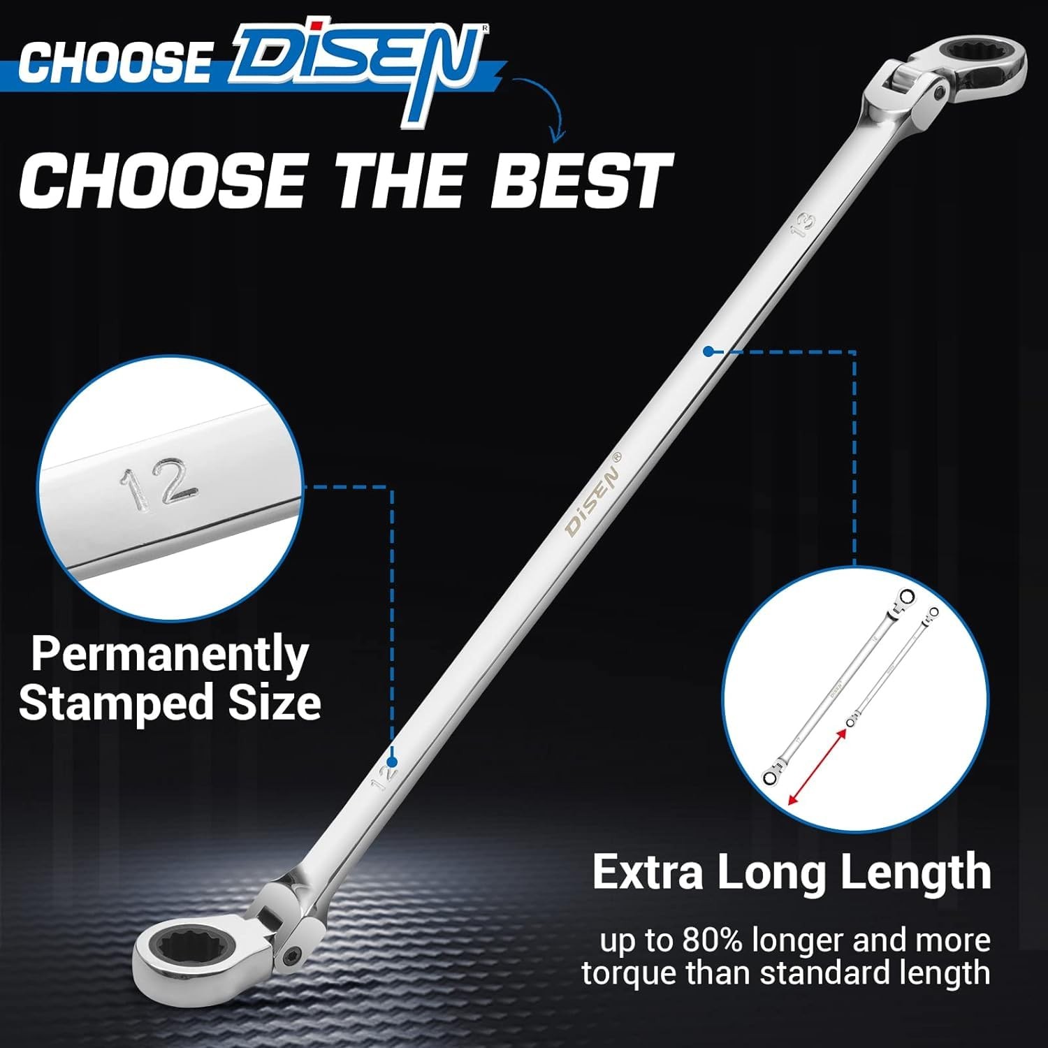 DISEN 12-13mm Extra Long Flex Head Ratcheting Wrench 12-13MM (Silver), Silver gallery