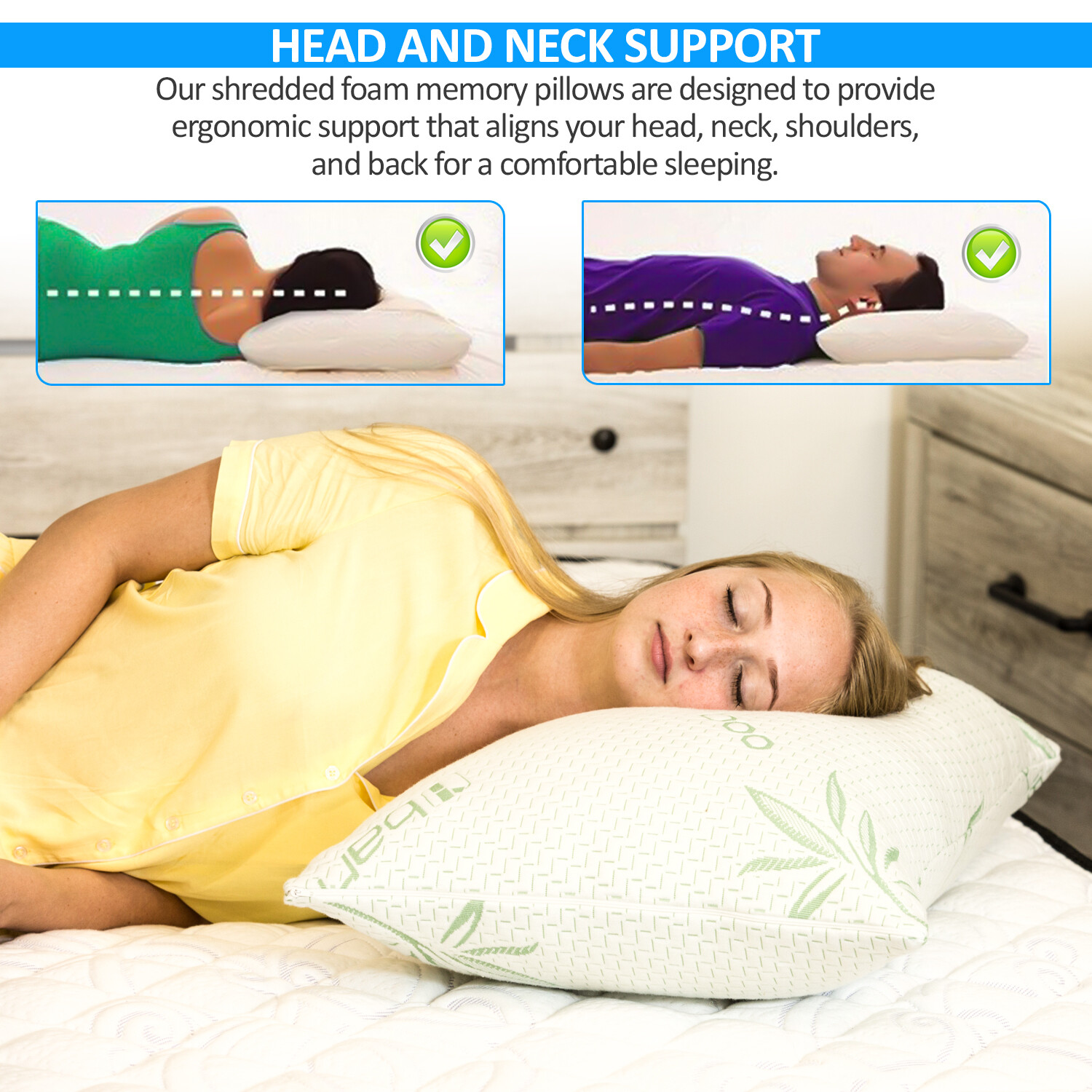 Elif Bamboo Pillows Adjustable Shredded Memory Foam Bed Pillows King or Queen gallery