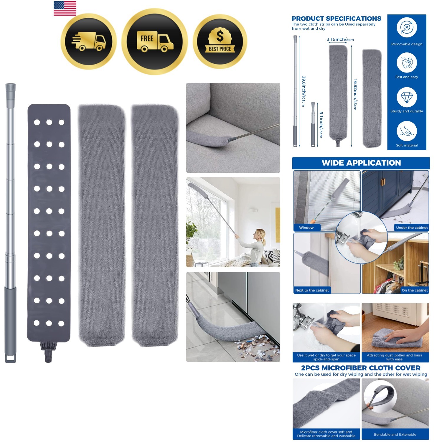 Retractable Gap Dust Cleaner Cleaning Tools with 2 Microfiber Dusting Cloths ... gallery