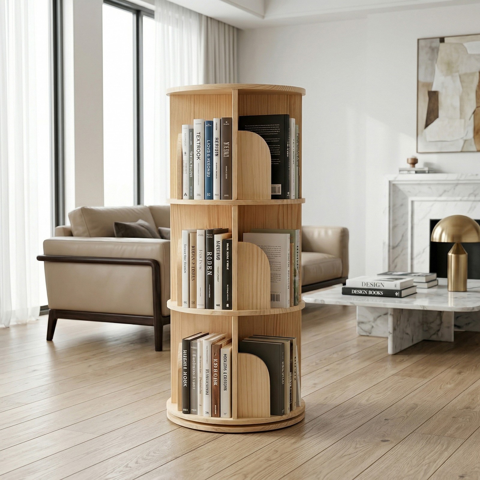 3 Tier Round Floor Standing Bookcase with 360° Spinning Design Display Shelf gallery