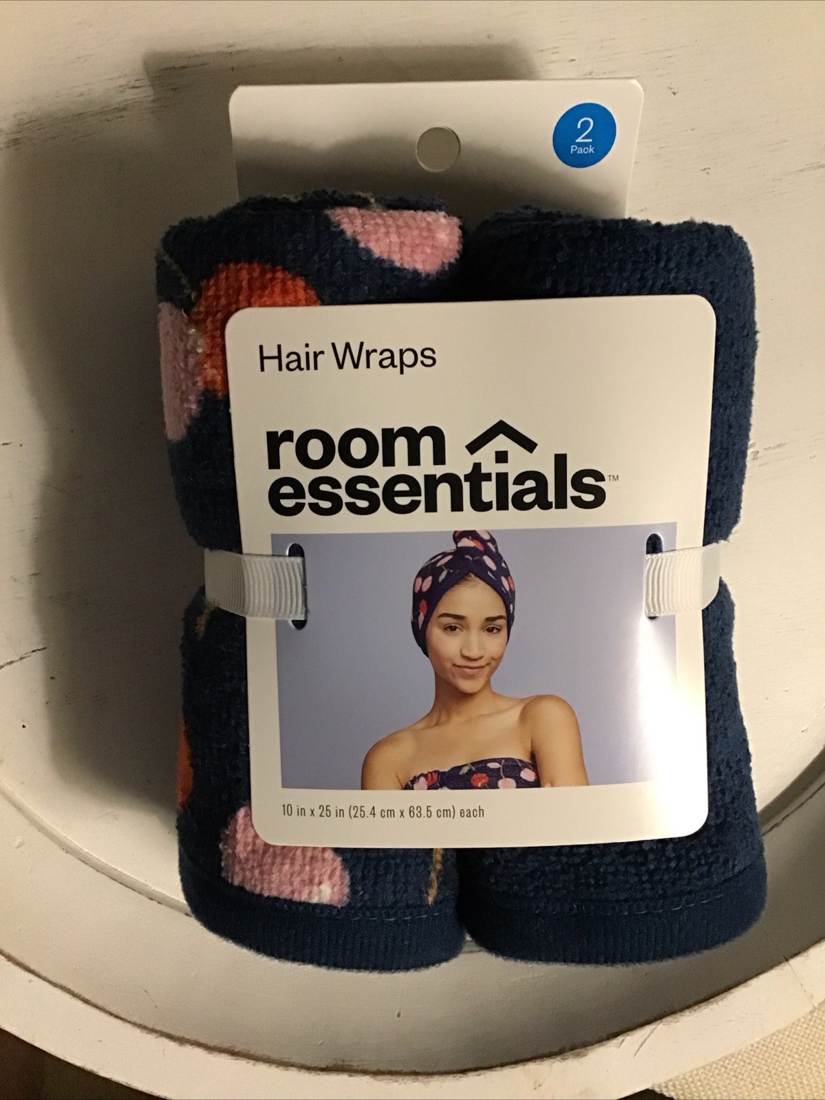 Room Essentials Hair Towel Wraps 2-Pack 10” X 25” In Solid Blue & 1 Print +Bonus gallery