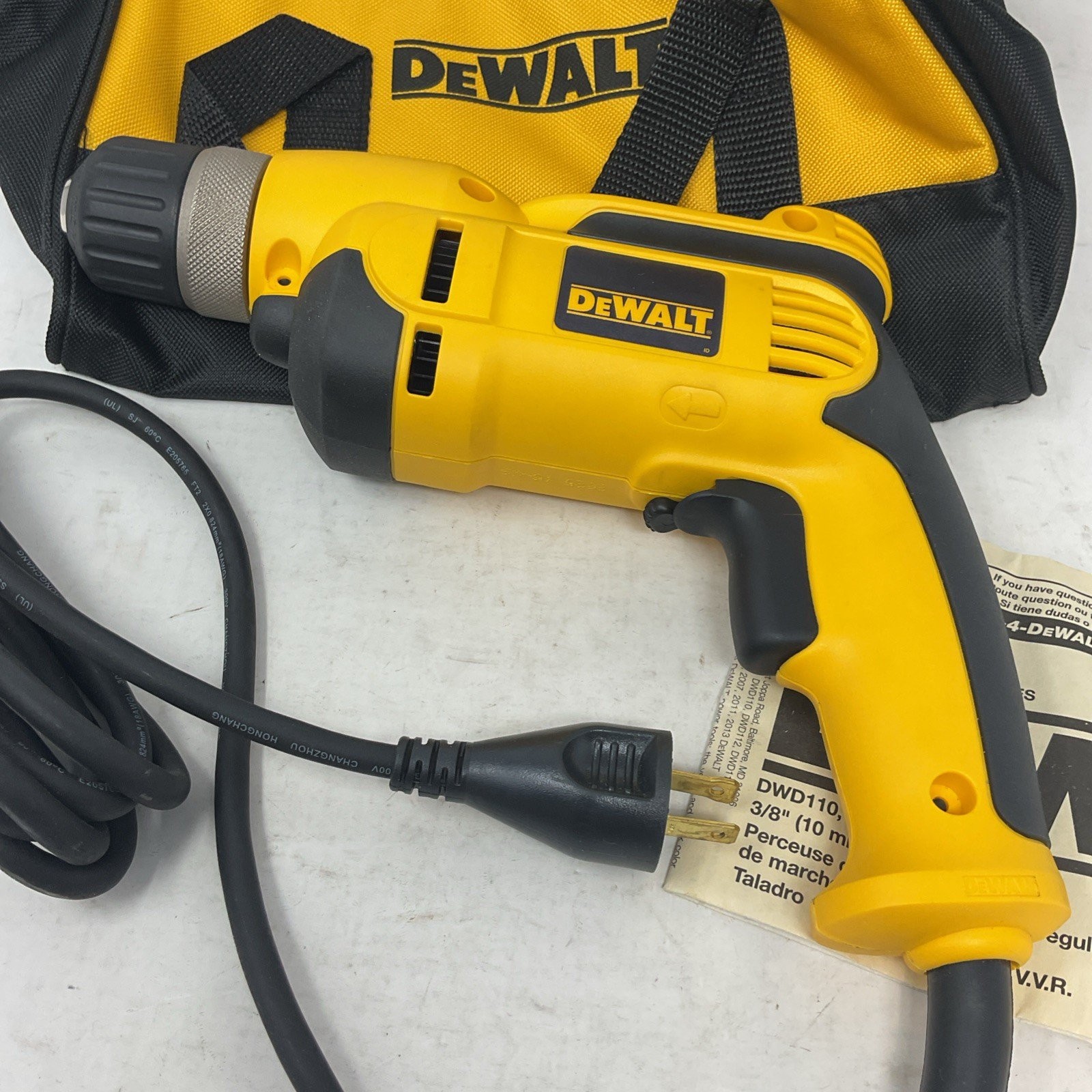 DEWALT DWD110K 3/8 in. Variable Speed Corded Drill Kit with Tool Bag gallery