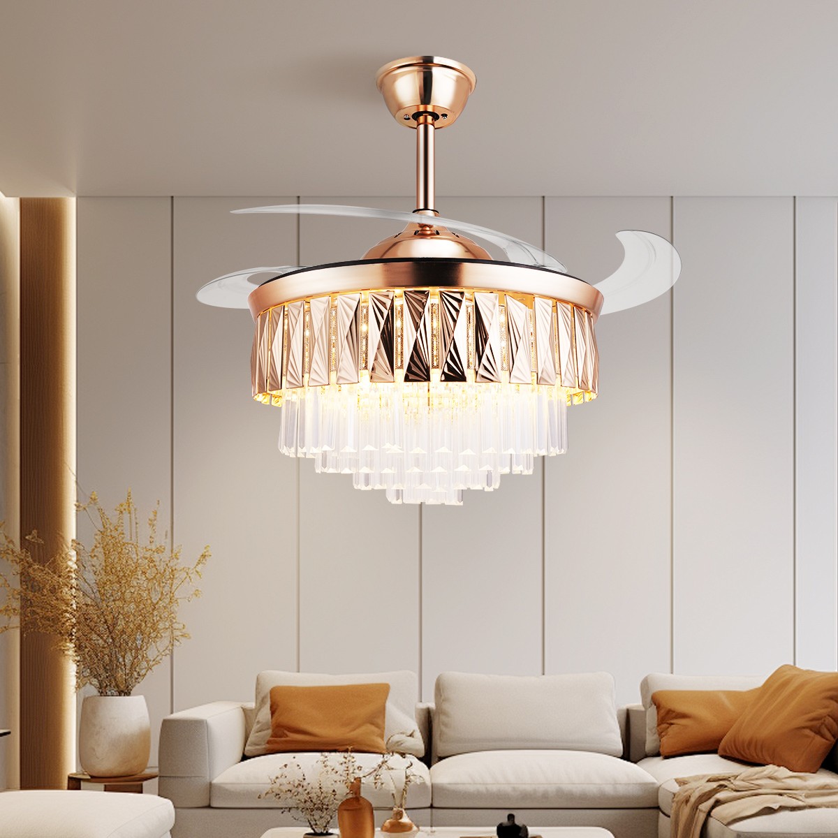 42" Smart Crystal Retractable Ceiling Fan Light w/ 3-Color Light & Remote 6Speed gallery