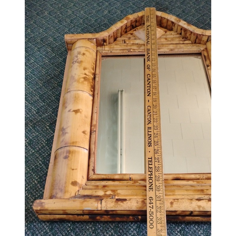 Burnt Split Bamboo Wall Mirror Pediment Top Boho 32x25 Tiki 60s Unique Large gallery