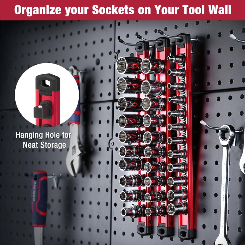 WORKPRO 1/2-InchDrive Magnetic Socket Organizer Aluminum Alloy Socket Rail (Red) gallery