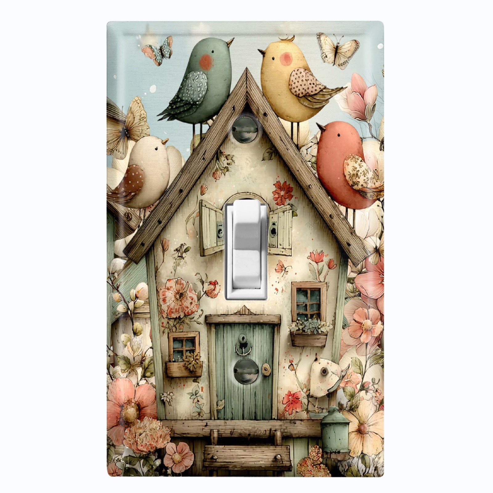 Metal Light Switch Outlet Cover Wall Plate Pastel Floral Birdhouses Decor AML240 gallery