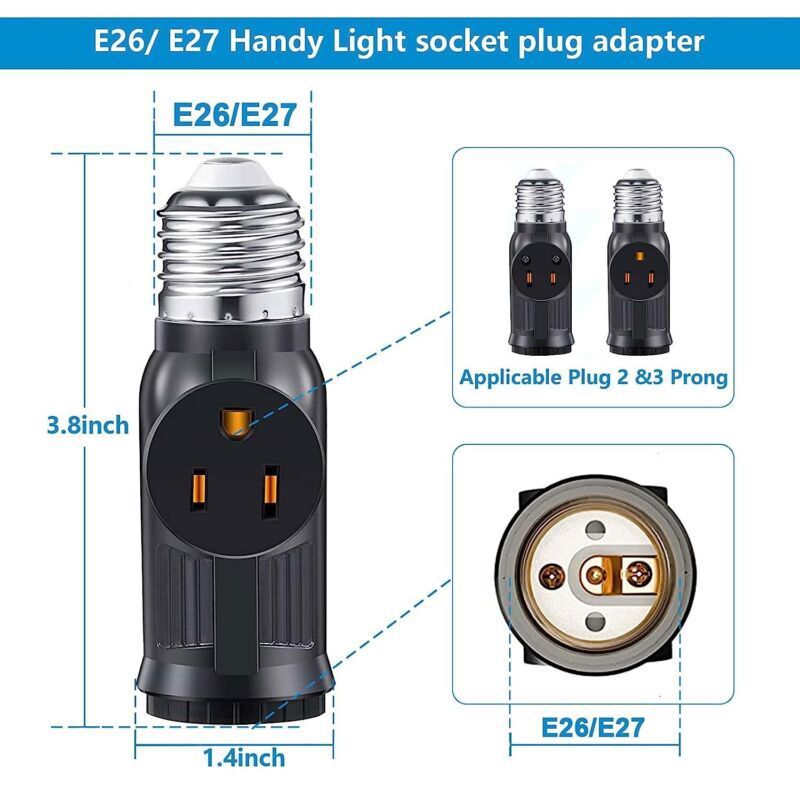 2× 2/3 Prong Light Socket Outlet E26 E27 Light Socket to Plug Adapter Convert gallery