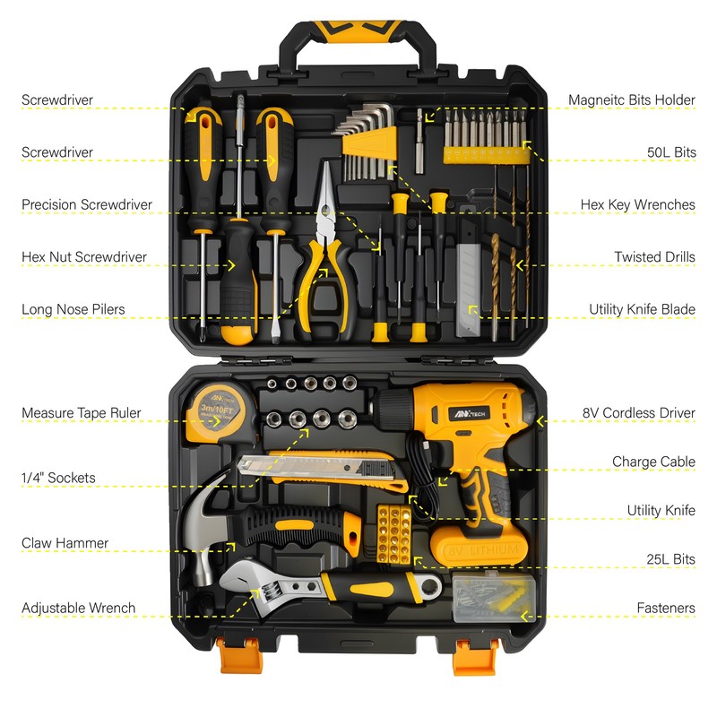 ANXTECH 154pcs Electric Drill Tool Kit Hand Tool Set Cordless Portable Toolbox gallery