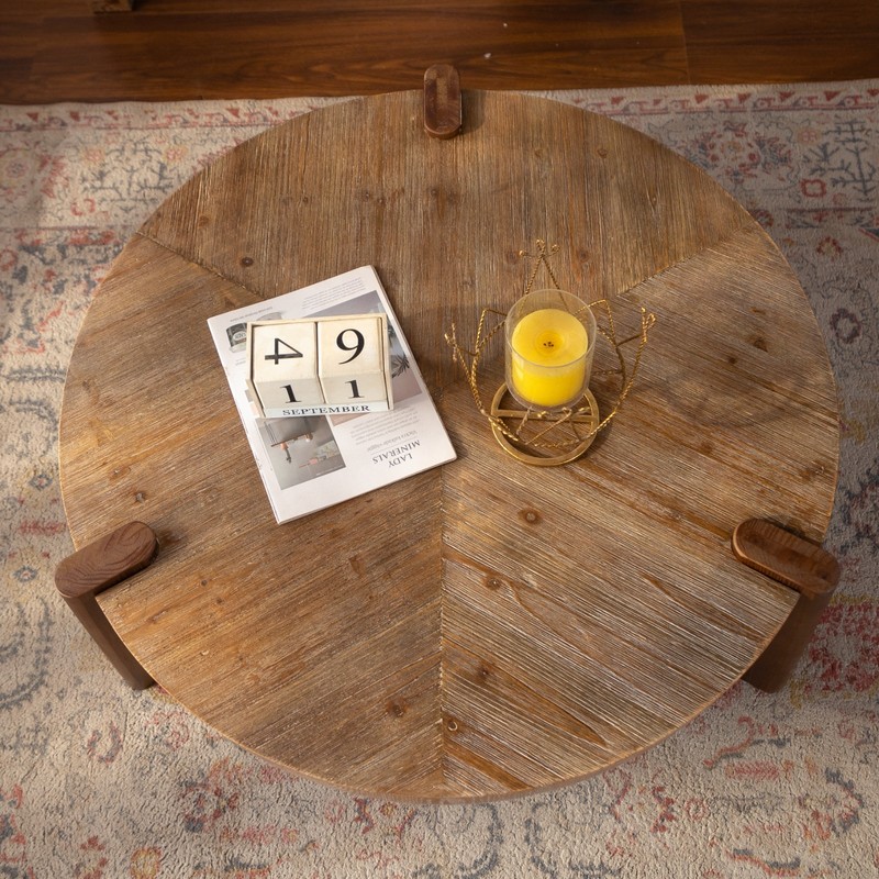 36.61" Round Herringbone Coffee Table, Solid Wood & MDF, Natural Finish gallery