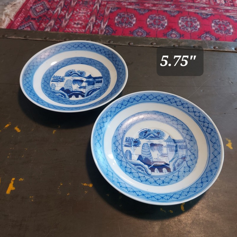 OMANN Old Canton Hand Painted Blue White Porcelain Saucers Set of 2 MCMLXXX 1980 gallery