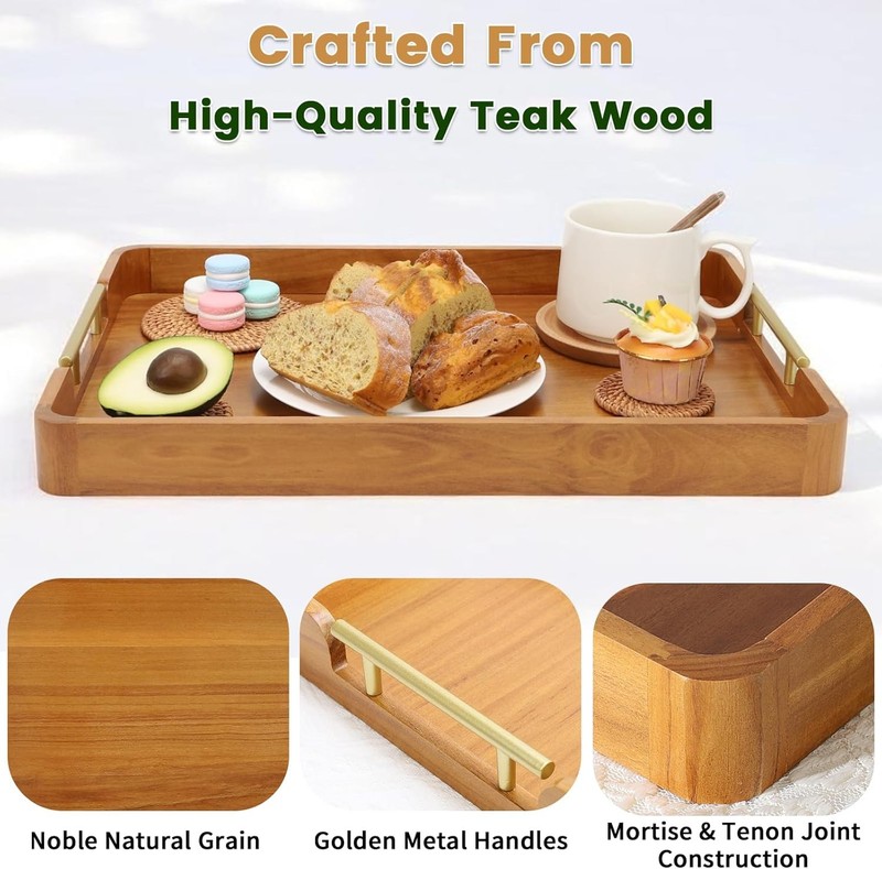 Solid Teak Wood Serving Tray with Handles 20"x14" Patters for Serving Food Party gallery