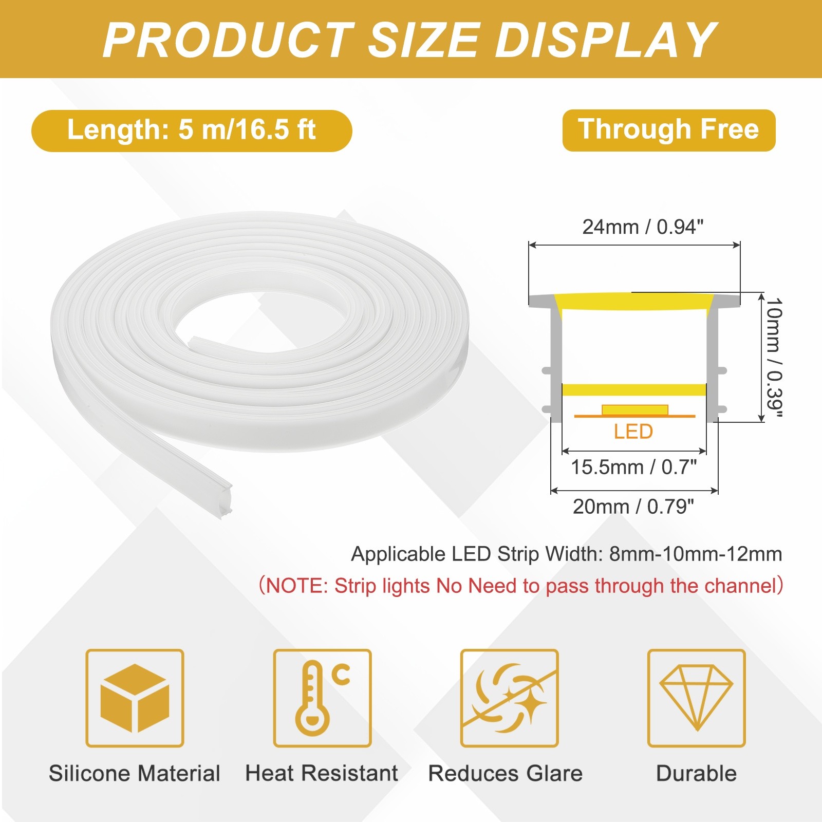 16.5ft/5m LED Diffuser Channel, 20x10mm Silicone LED Channel System gallery