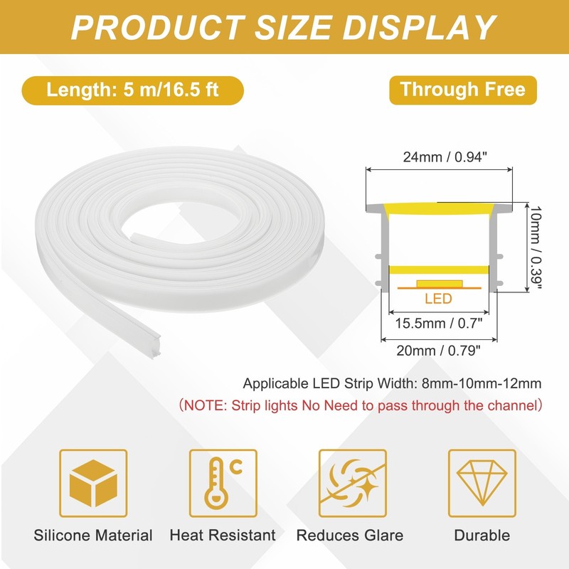 16.5ft/5m LED Diffuser Channel, 20x10mm Silicone LED Channel System gallery