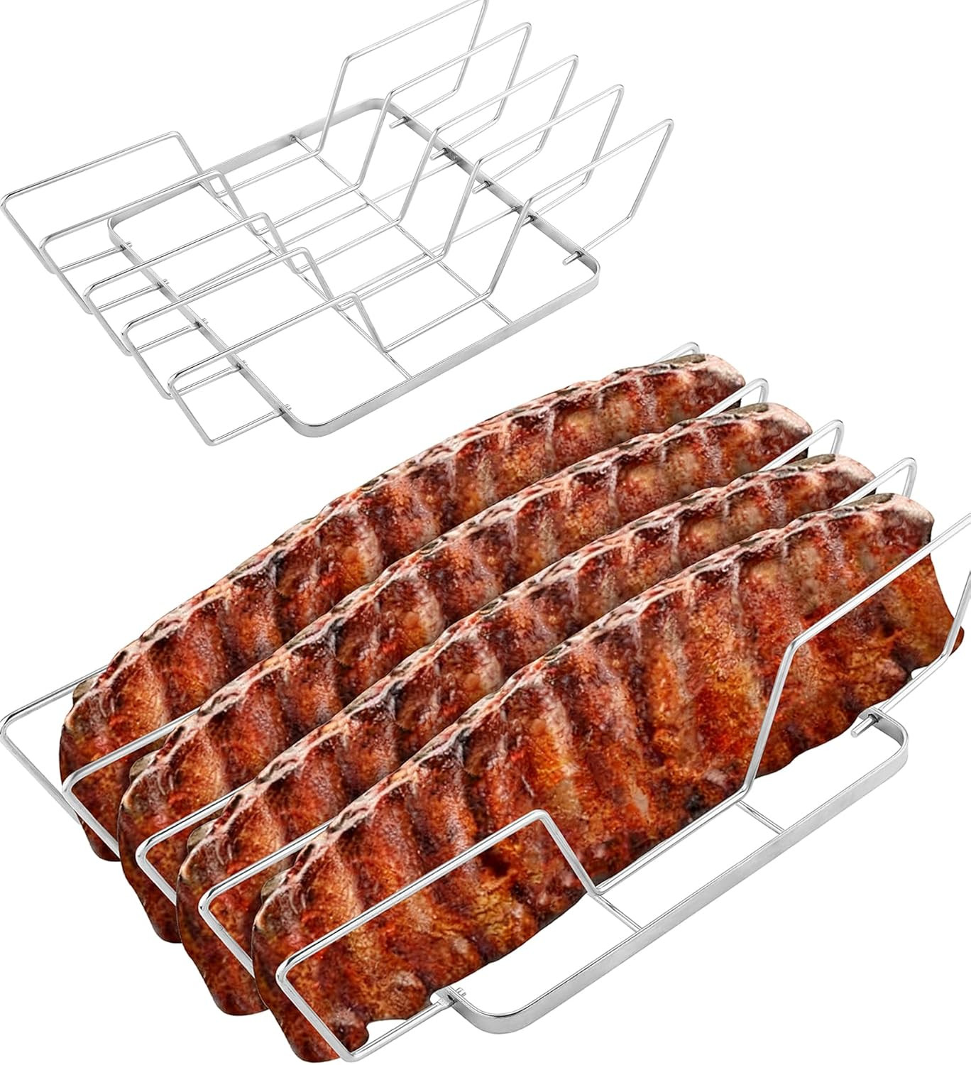 Rib Rack for Smoking – Foldable Extra Long Stainless Steel Rib Holder for 4 Ribs gallery