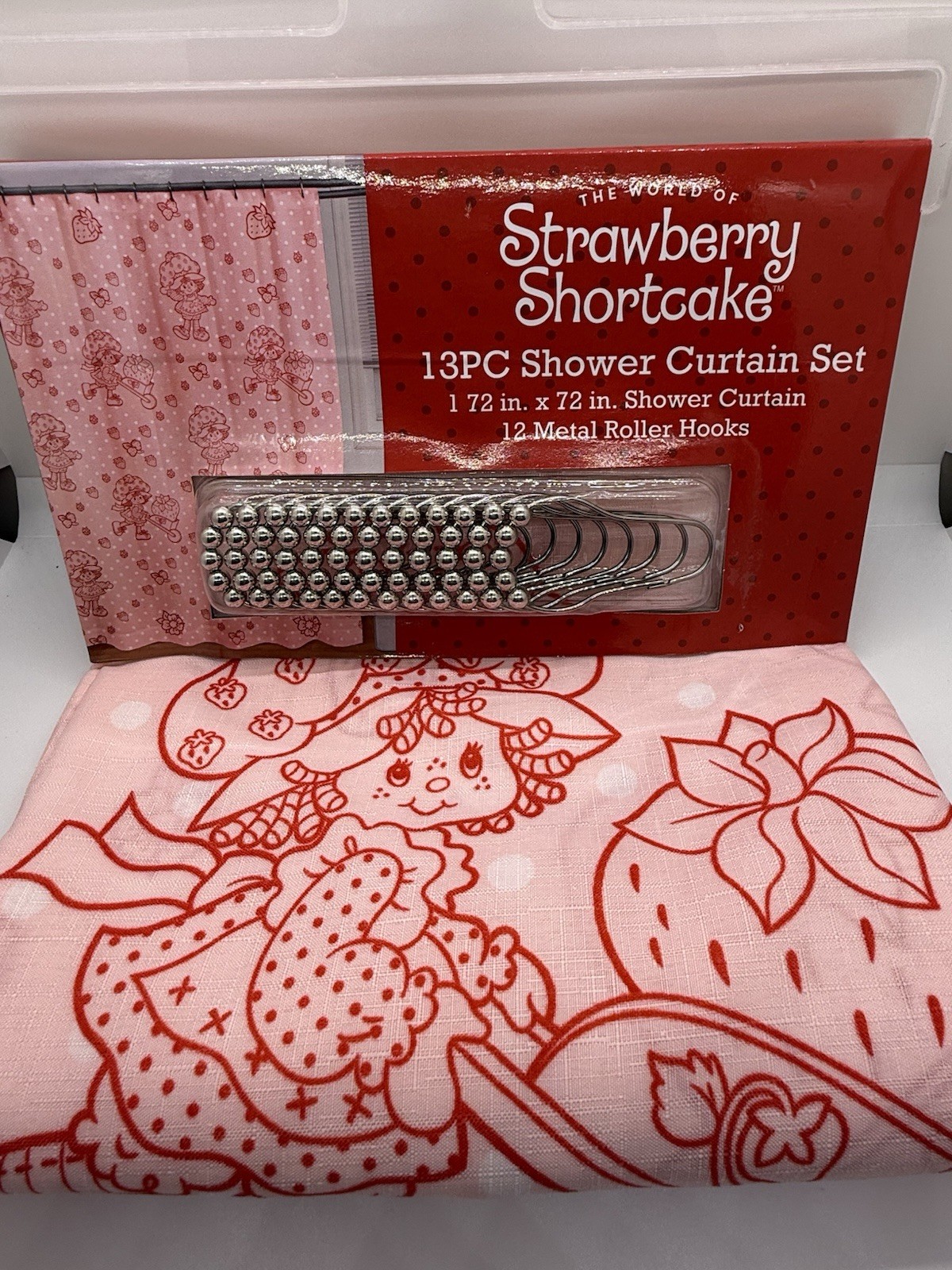 NEW🍓13-Piece Strawberry Shortcake Fabric Shower Curtain Set 72"x72" w/ Hooks gallery