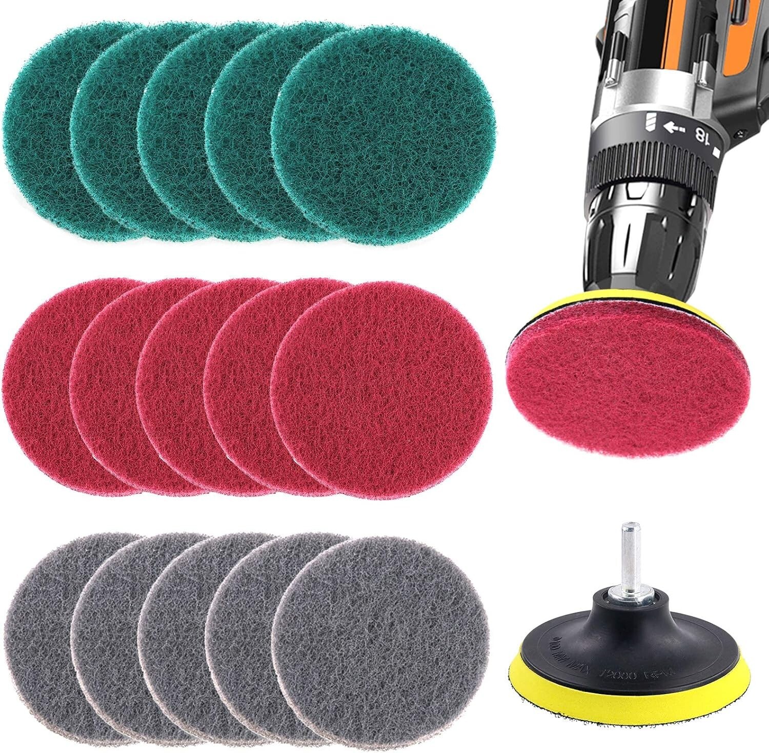 16 Pc Drill Scour Attachment Set 4" Red/Green/Gray Power Tile Scrubber Universal gallery