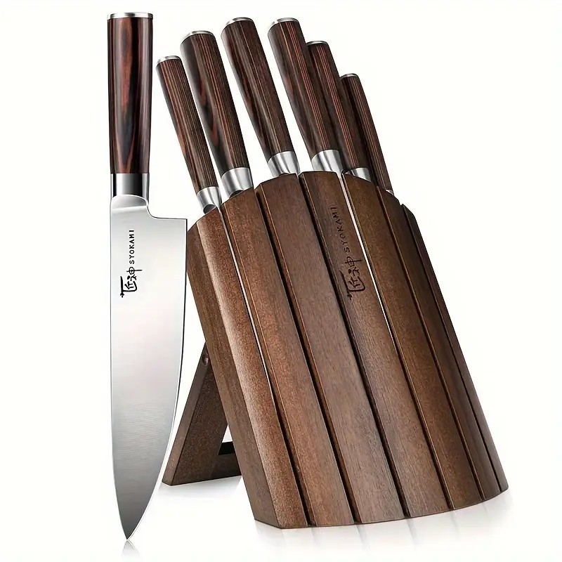 7 Piece Japanese Style Kitchen Knife Set - Foldable Magnetic Acacia Wood Block gallery