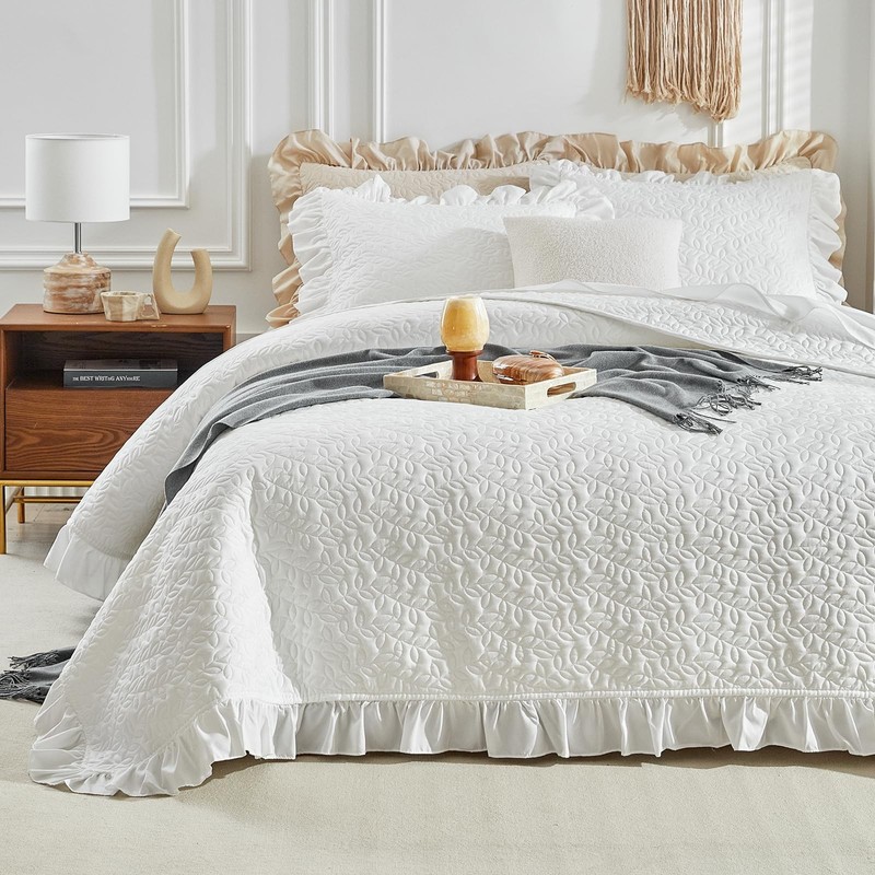 Ruffled Quilt Set Queen Size 96 * 96in - 3 Pieces Solid Shabby Chic Farmhouse... gallery