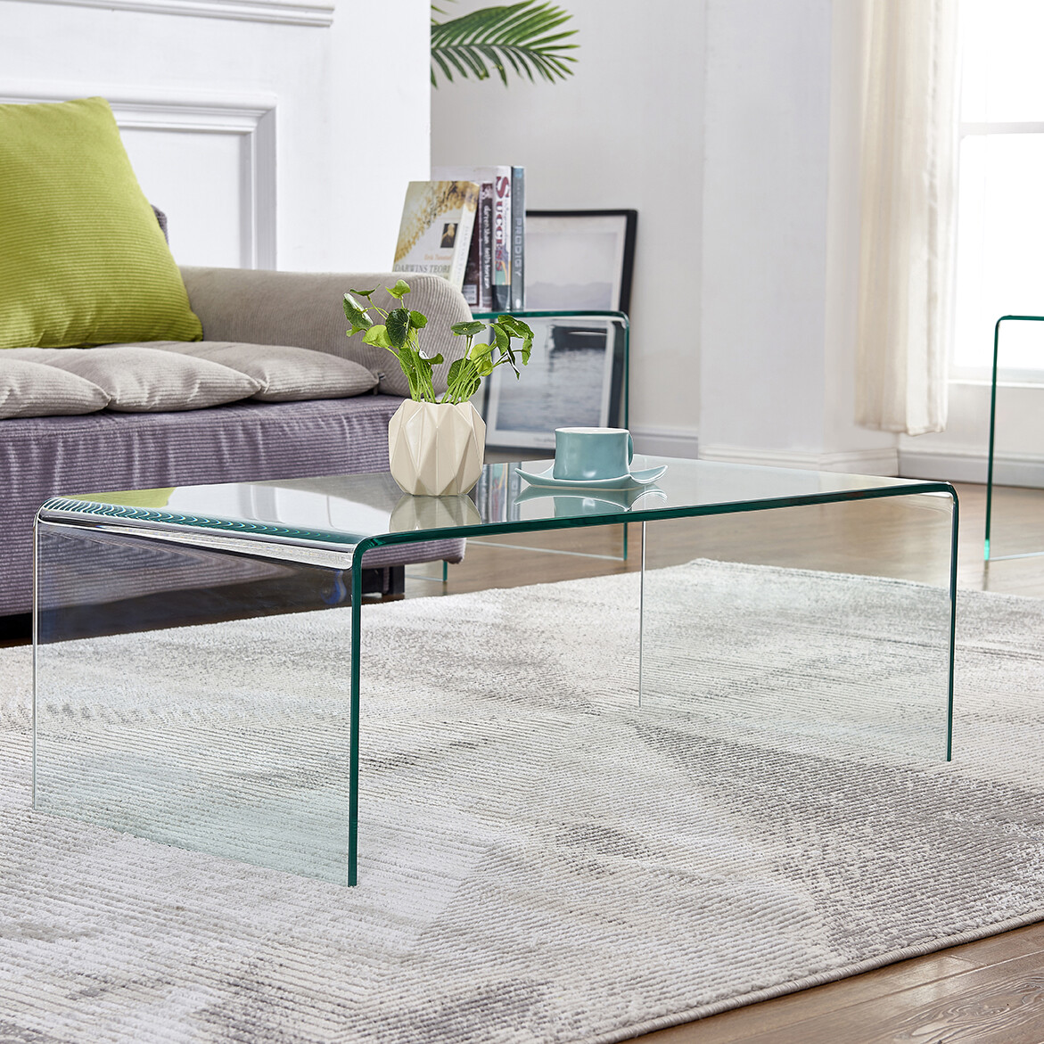 Modern Rectangular Waterfall Design Tempered Glass Coffee Table gallery