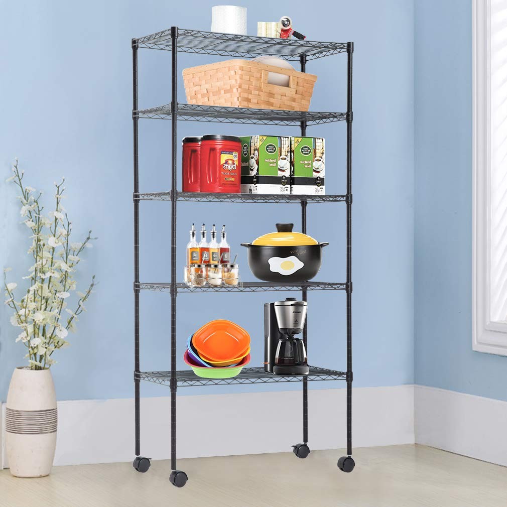 5Tier Wire Storage Shelves Wheels Adjustable Rack Metal 14x30x60 Inch Black gallery
