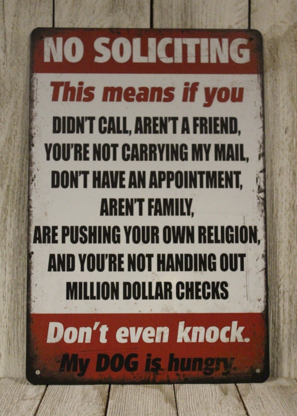 No Soliciting Solicitations Sign Tin Warning Rustic Vintage Style Go Away gallery