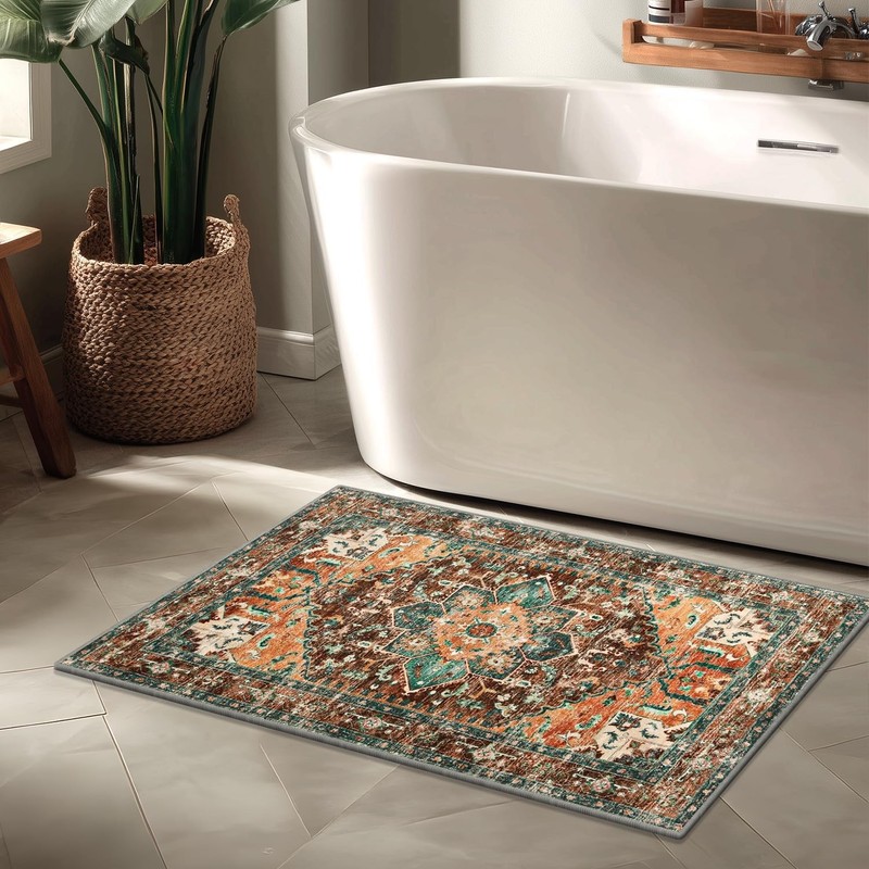 Yamaziot Washable Area Rug, 2x3 Small 2' x 3' (Rectangular), Rust/Dull Teal gallery