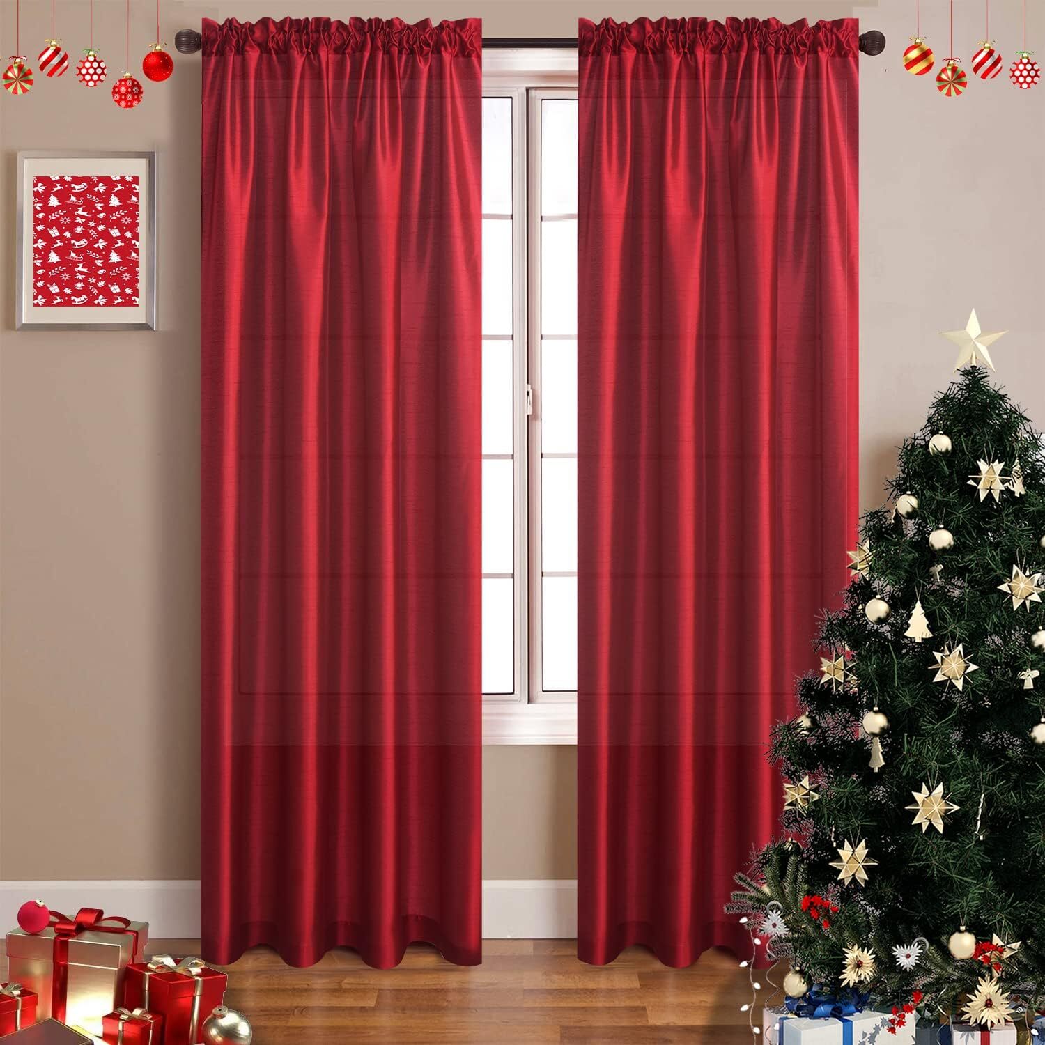 Faux Silk Sheer Curtains Rod Pocket Privacy Light Reducing , 2panels, Red gallery