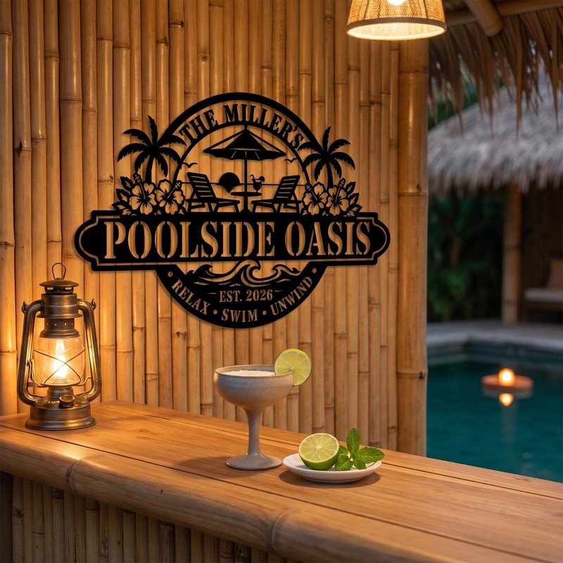 Custom Poolside Oasis Metal Wall Art, Personalized Backyard Pool Sign, Tropical gallery