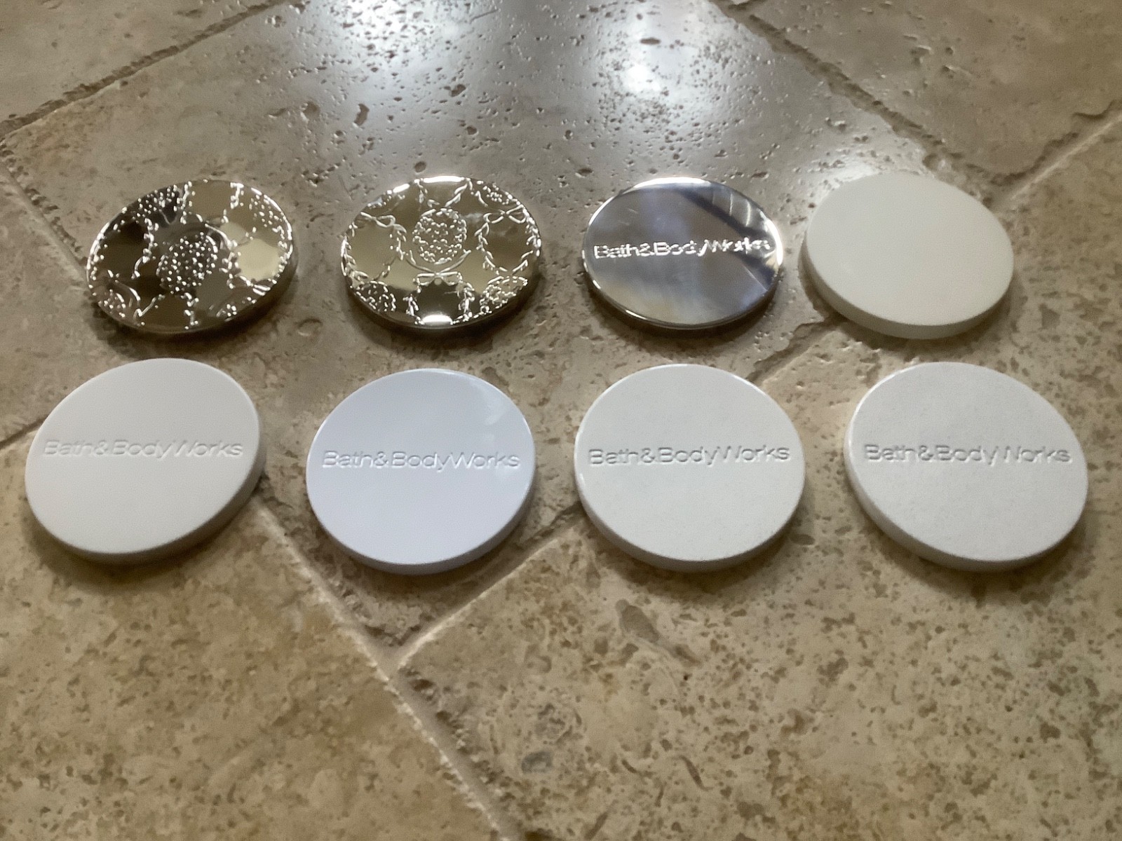 Bath & Body Works 3 Wick Candle Lids Gold/White Metal (Lids Only - Lot of 8) gallery