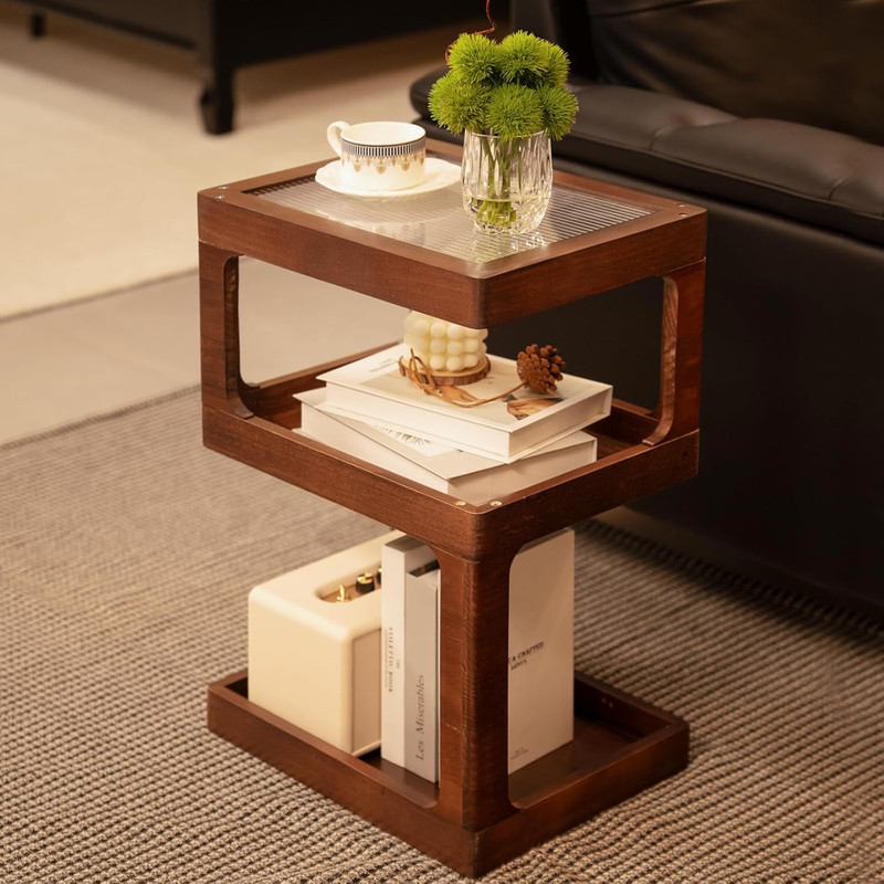 Solid Wood Side Table for Living Room, Narrow 3-Tier End Table with Fluted Acryl gallery