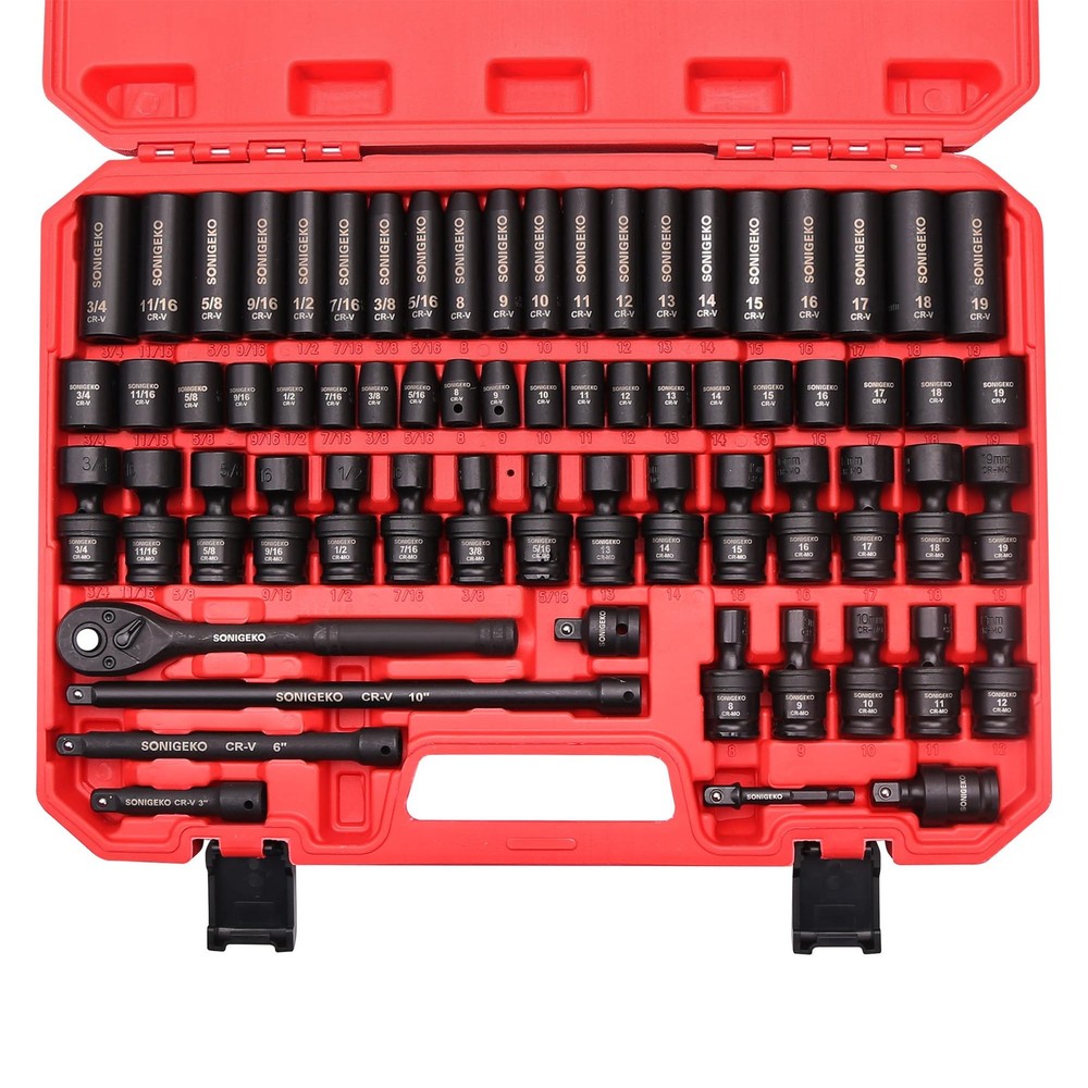 SONIGEKO 3/8" Drive Impact Socket Set, 67-Piece Standard Metric & SAE 6 Point...