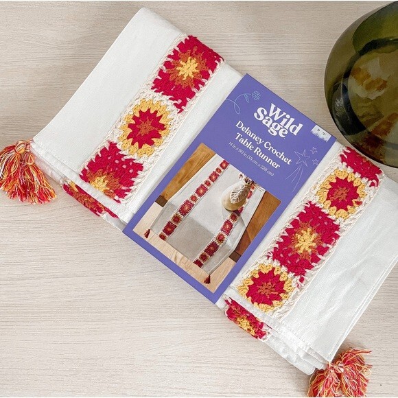 NEW Wild Sage Delaney Crochet Table Runner with Tassels 14 in x 90 in gallery