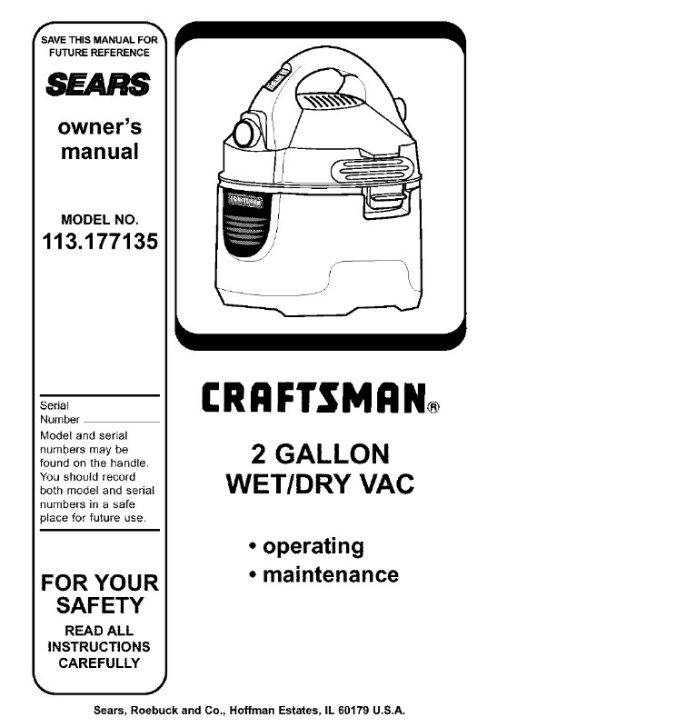 Craftsman 113.177135 Vacuum Cleaner User Manual FREE SHIPPING gallery