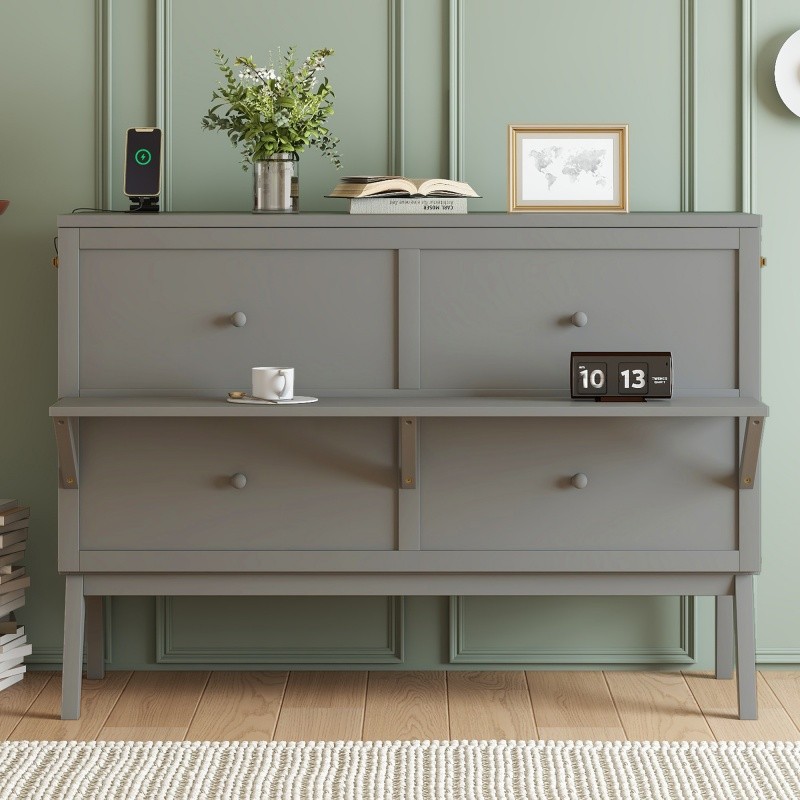Queen Size Wooden Murphy Bed with Removable Shelves on Each Side and USB Gray gallery