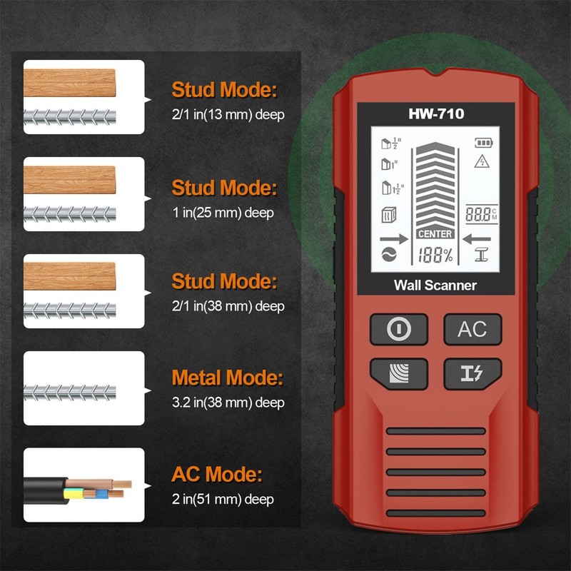 HW-710 Multi-Functional Stud Finder Wall Scanner AC Cable Wires Depth Tracker KU gallery