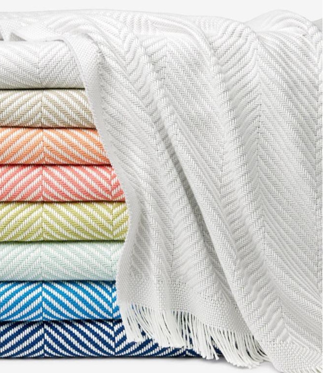 Sferra Costa Solid White Cotton Throw Blanket Herringbone Weave/Fringe 50x70 New