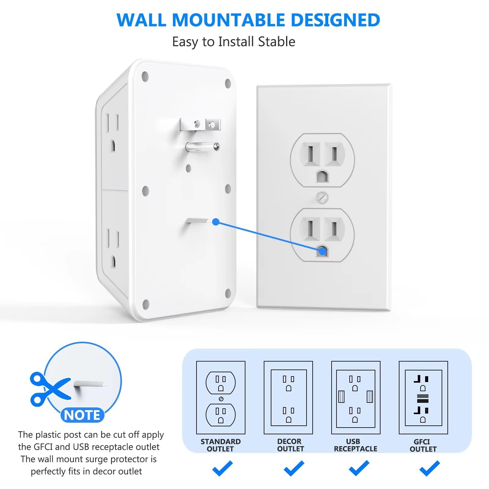 6 Outlet Extender Surge Protector Multi Plug Wall Adapter USB Charger Ports with gallery
