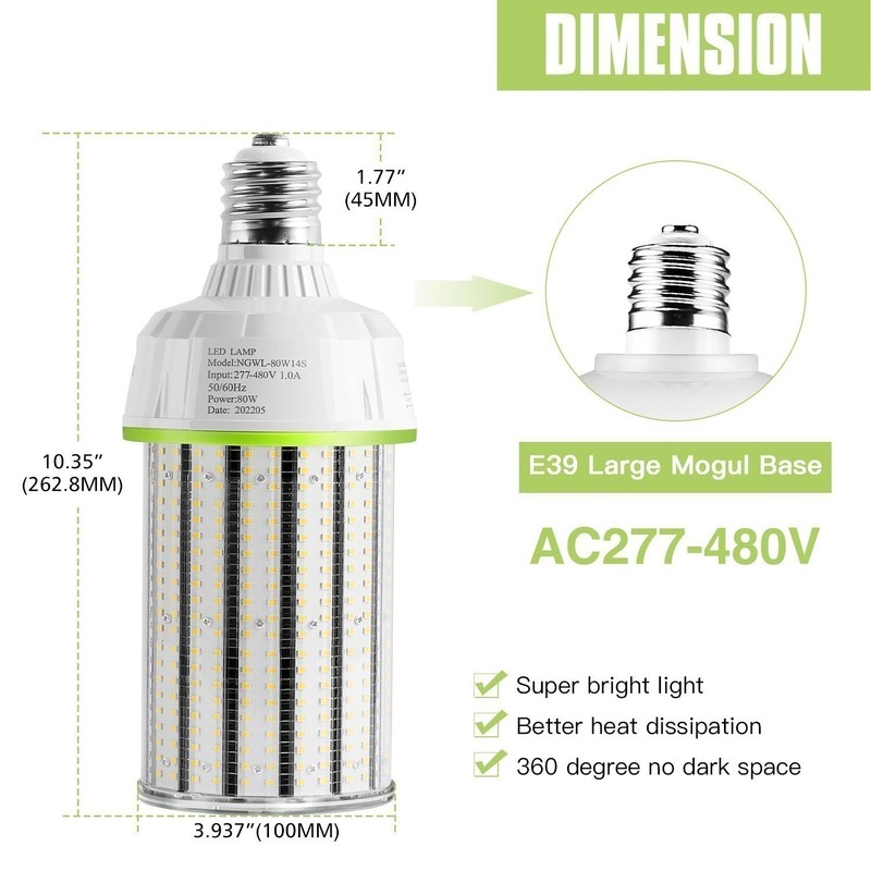 80 Watts LED Corn Light Cob Bulbs E39 Mogul Base Warehouse Garage Lighting 480V gallery