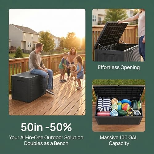 100 Gallon Deck Box, Waterproof Resin Rattan Outdoor Storage Box with Lockabl... gallery