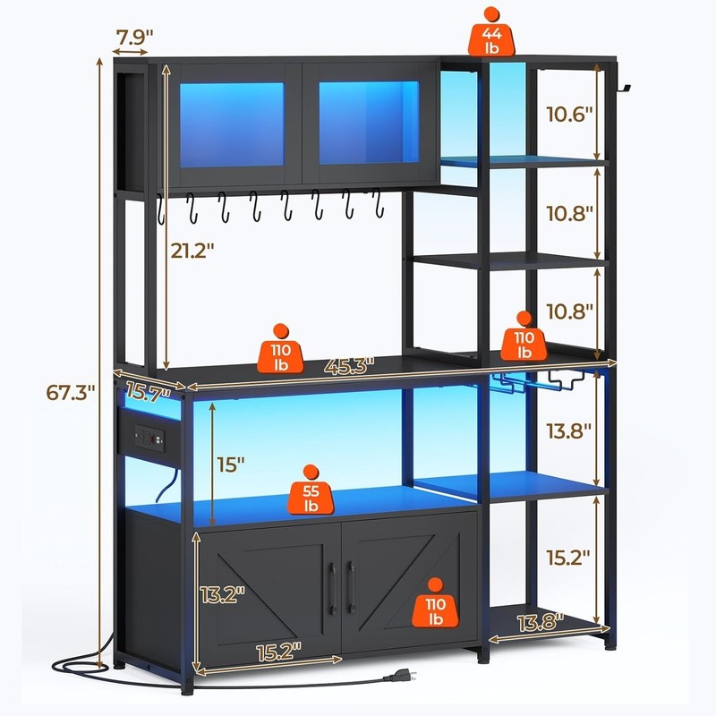 Bakers Rack with Power Outlet, 8 Hooks & LED Light, Farmhouse Coffee Bar Cabinet gallery