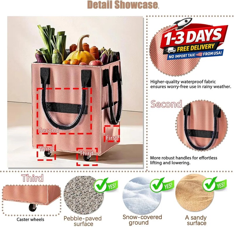 Reusable Grocery Bag on Wheels Foldable Shopping Cart 67lb Capacity gallery