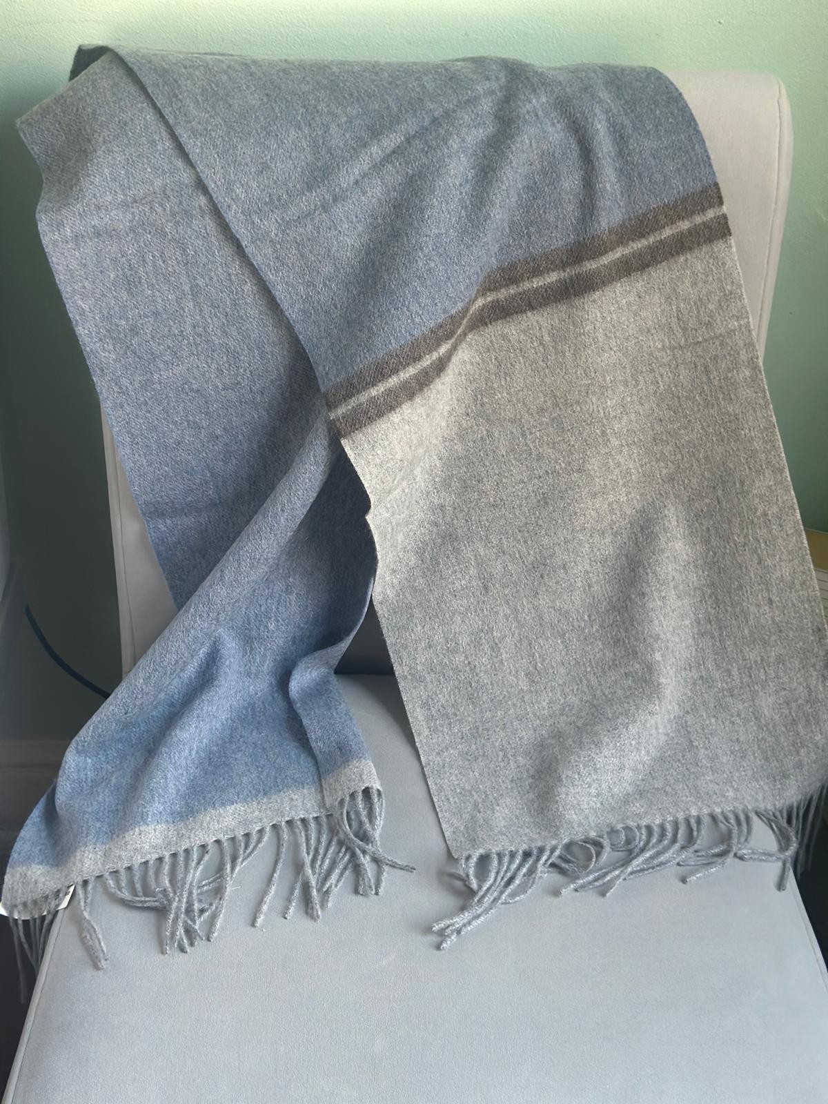 100% Wool Blue Gray Scarf Fringe Ends Soft Warm Winter Shawl Wrap Unisex Luxury gallery